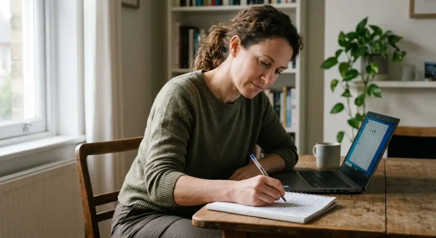 Person mit Notizbuch und ruhiger Budgetplanung am Laptop