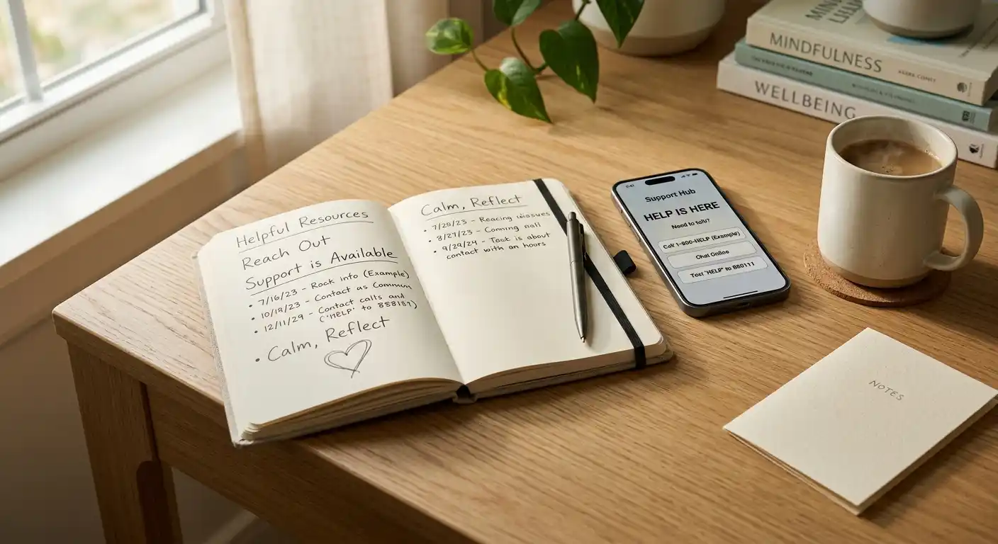 Notizbuch und Stift auf einem Schreibtisch, daneben ein Smartphone mit Spielsucht-Hilfsmeldung