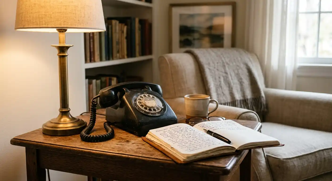 Vintage-Telefon auf Beistelltisch neben aufgeschlagenem Journal mit handschriftlichen Notizen