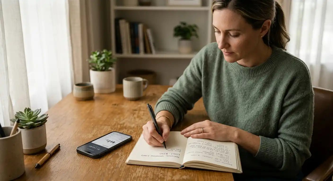 Ruhiger Arbeitsplatz mit Budgetnotizen und neutraler Bank-App
