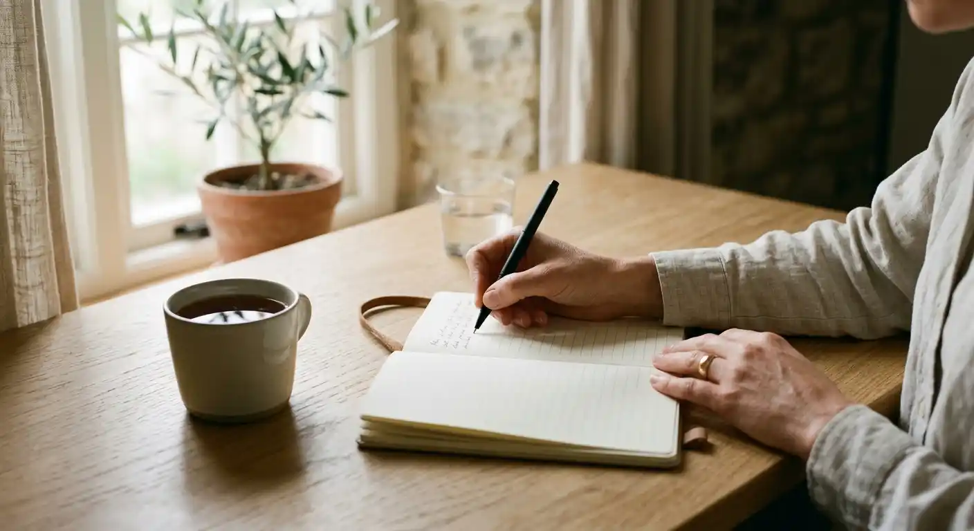 Ruhiger Schreibtisch mit Notizblock und Stift zum Planen eines Spielbudgets