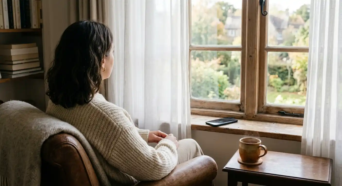 Ruhige Szene einer Person am Fenster mit einer warmen Tasse Tee und einem Smartphone in Reichweite