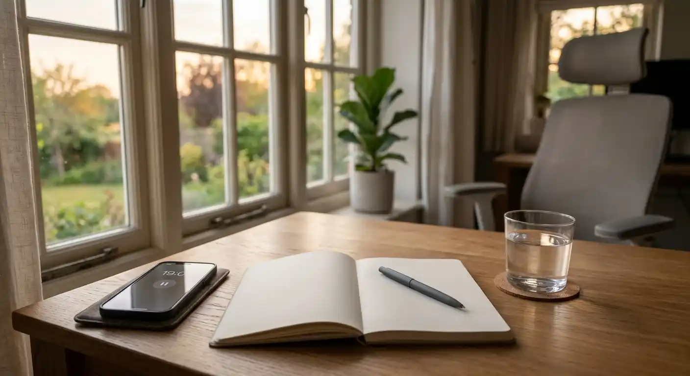 Ruhiger Arbeitsplatz mit Budgetnotizen und pausiertem Smartphone