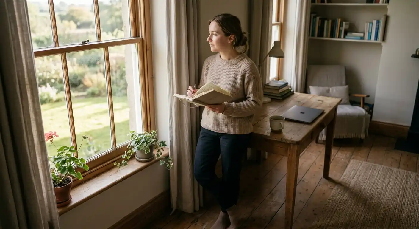 Ruhige Szene einer Person am Fenster mit Notizbuch, die eine Pause vom Bildschirm macht
