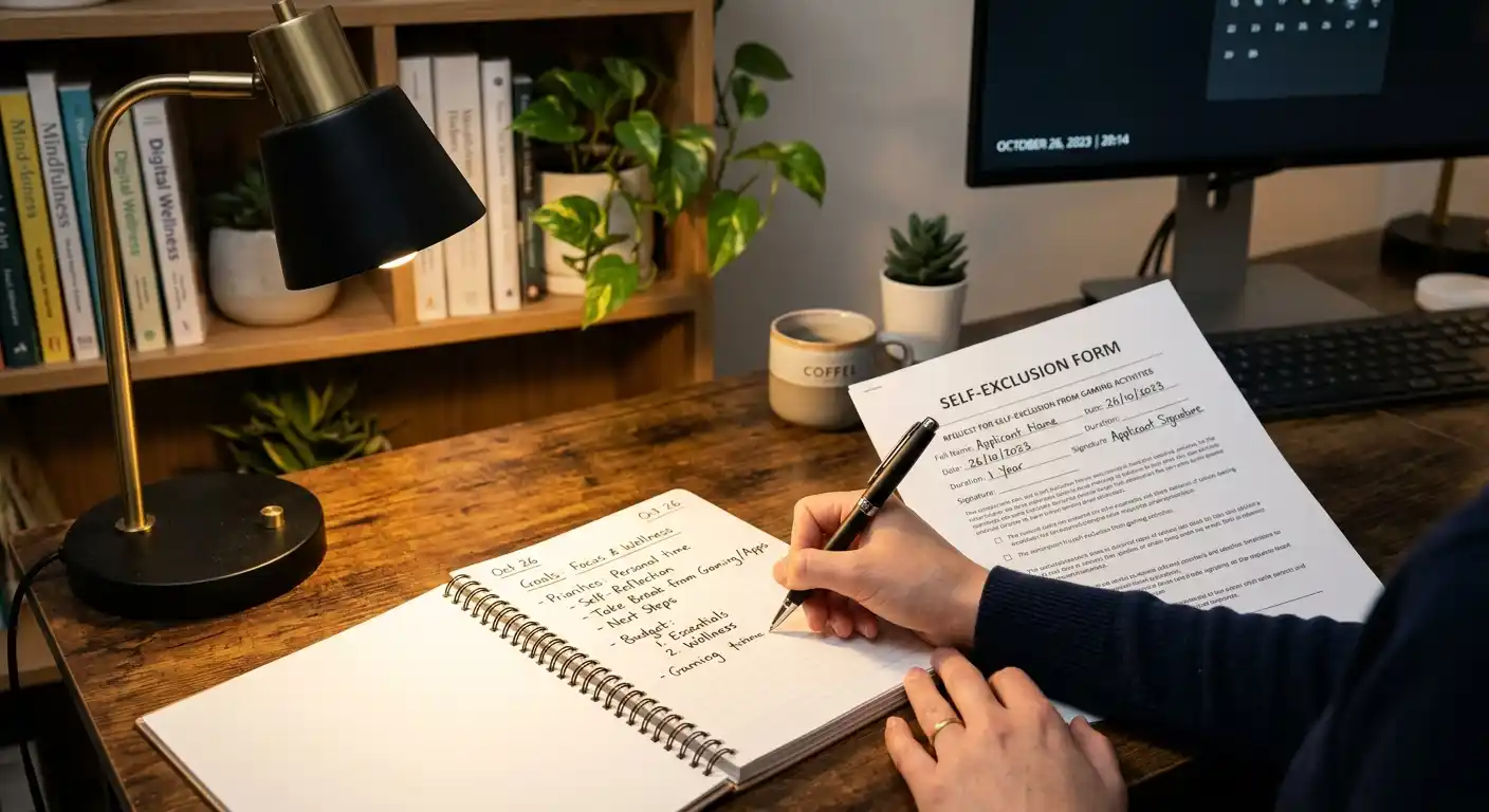 Ruhiger Arbeitsplatz mit Notizbuch und Stift, Selbstausschluss-Formular sichtbar, warmes Licht