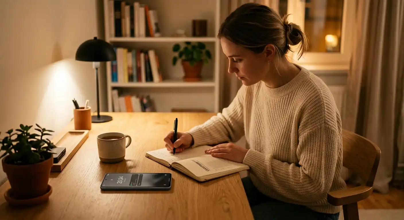 Person am Schreibtisch schreibt ruhig in ein Notizbuch, Smartphone daneben mit neutralem Display, warmes Licht, keine Logos