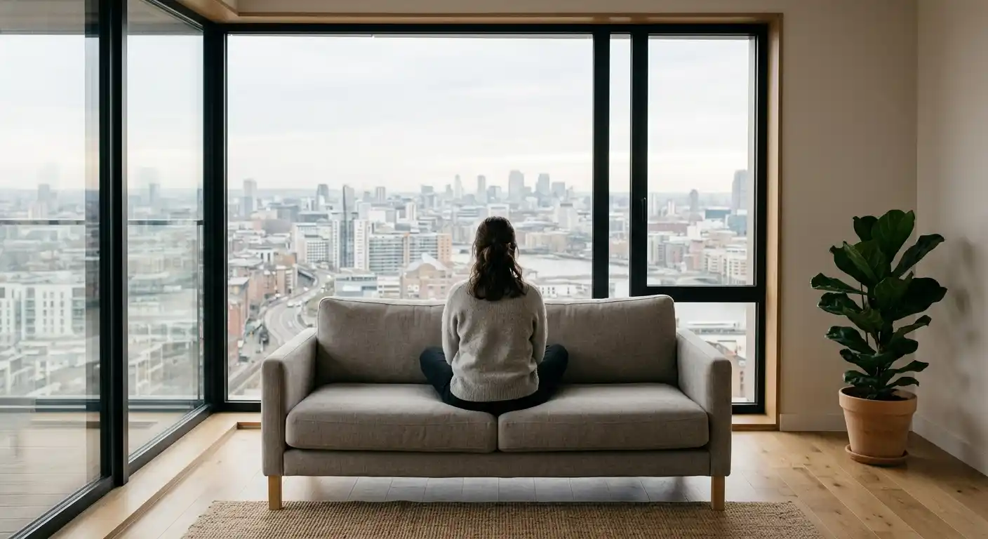Stille Szene einer Person, die auf einem Sofa sitzt und nachdenklich aus dem Fenster schaut, neutrales Interieur, kein Bildschirm, keine Spielkarten, Tageslicht