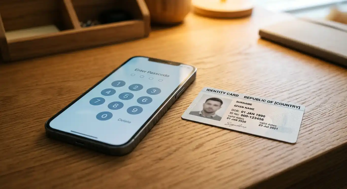 Smartphone auf einem Tisch, Bildschirm zeigt einen vierstelligen Zahlencode, daneben ein Ausweisfoto auf Papier ohne erkennbare personenbezogene Daten