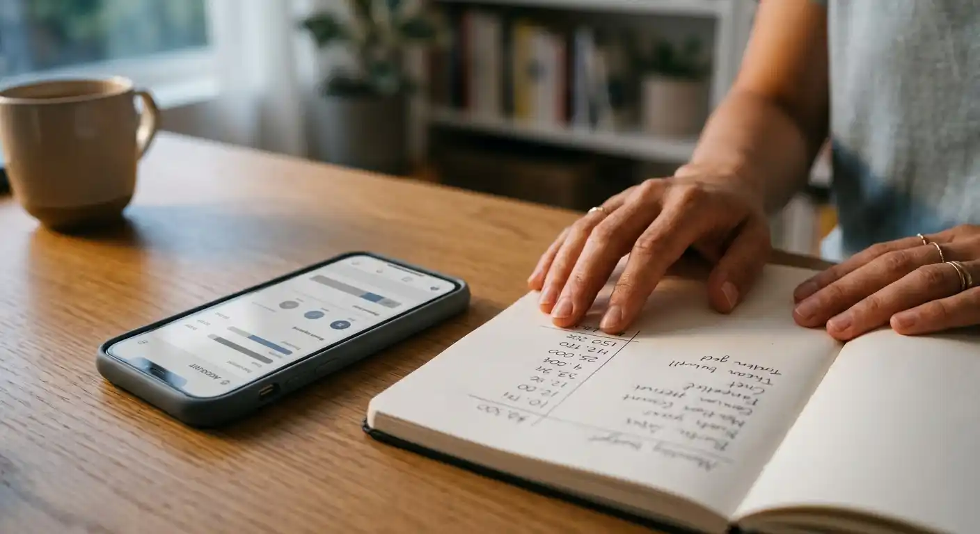 Ruhiger Schreibtisch mit Budgetnotizen und neutralem Kontoüberblick