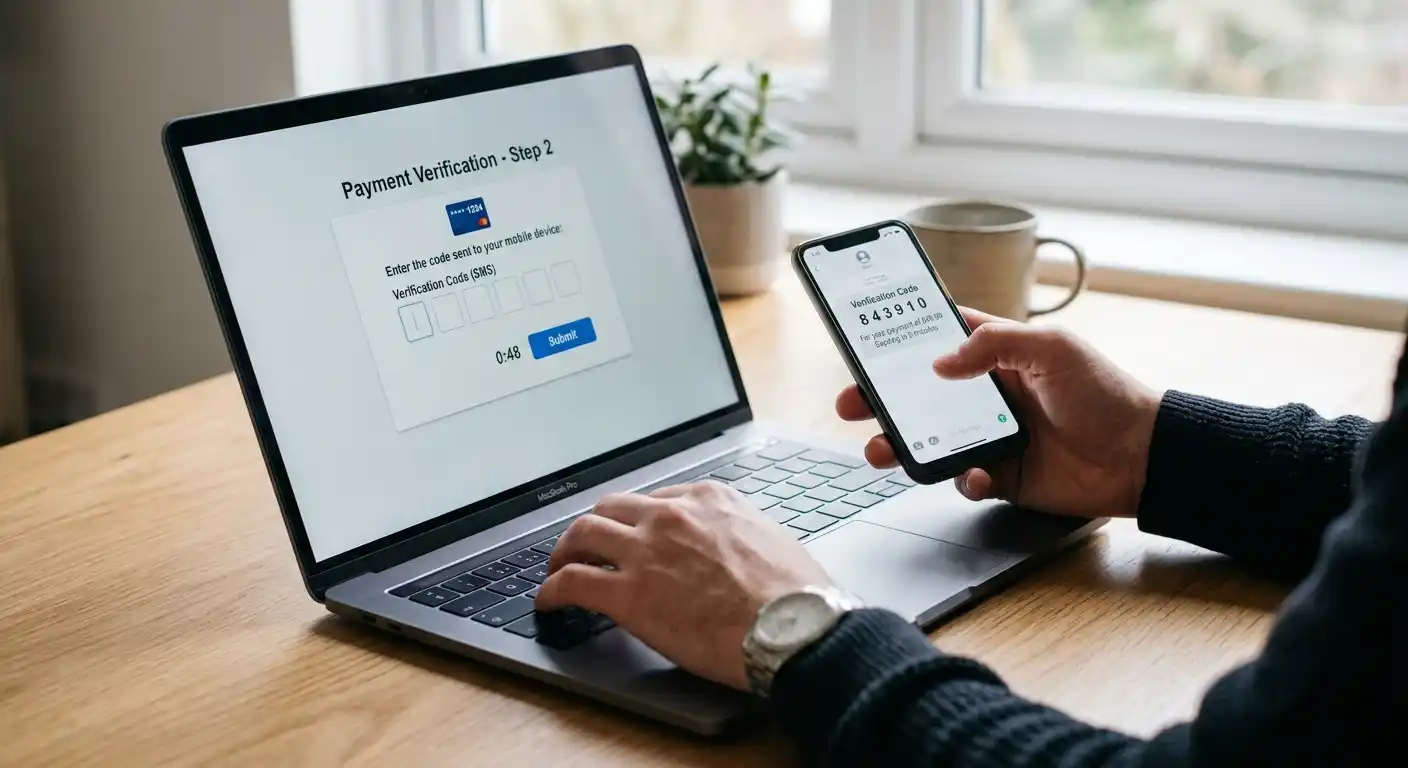 Zweistufige Visa- und Mastercard-Zahlungsprüfung auf Laptop und Smartphone