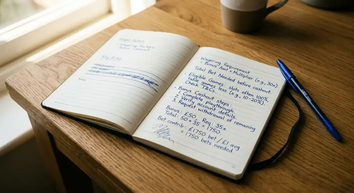 Notizbuch mit handschriftlicher Berechnung von Einsatz und Umsatzfaktor auf einem Holztisch, neben einem Kugelschreiber