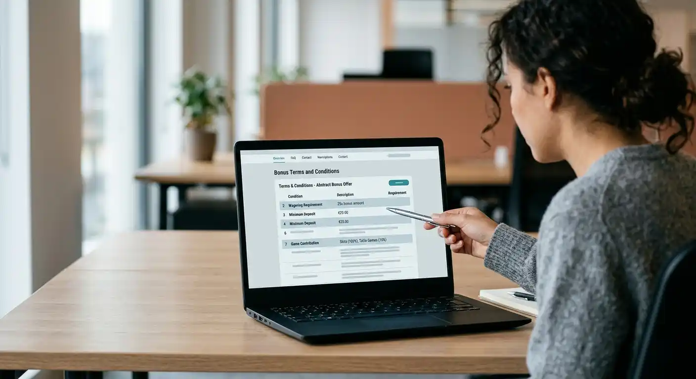 Laptop-Bildschirm mit Bonusbedingungen, Spin-Wert und Max-Cashout sichtbar in einer aufgeräumten Tabellen-Ansicht
