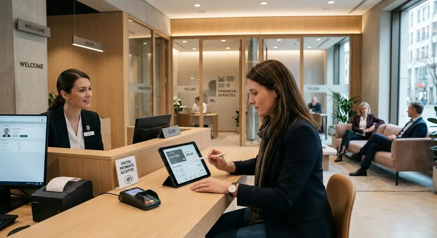 Europäische Bankfiliale mit dezenter Wero-Integration am Schalter