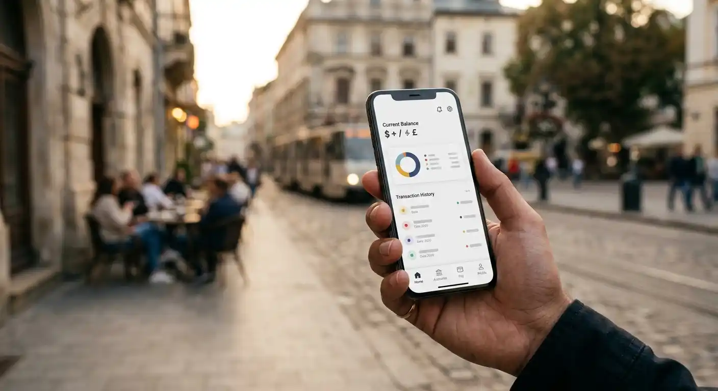 Hand hält Smartphone mit einer offenen Banking-Anwendung