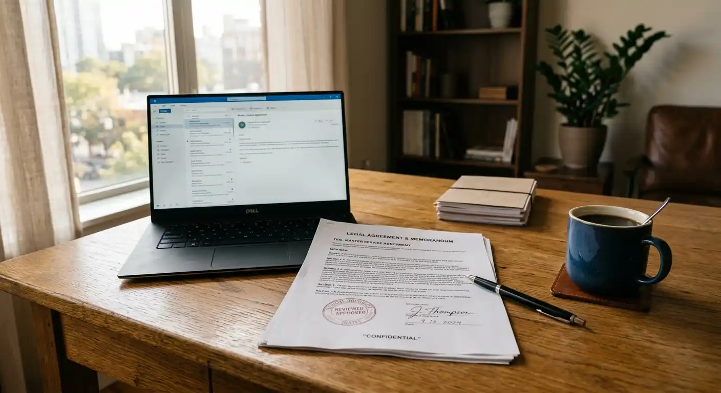Büroszene mit Dokumenten zum österreichischen Glücksspielrecht und einem Laptop