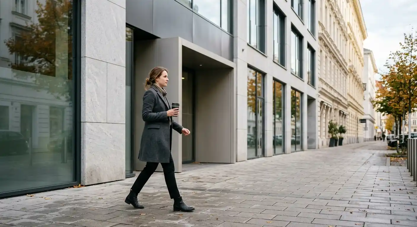 Österreichische Geschäftsstraße in Wien mit Bürogebäude und Passant