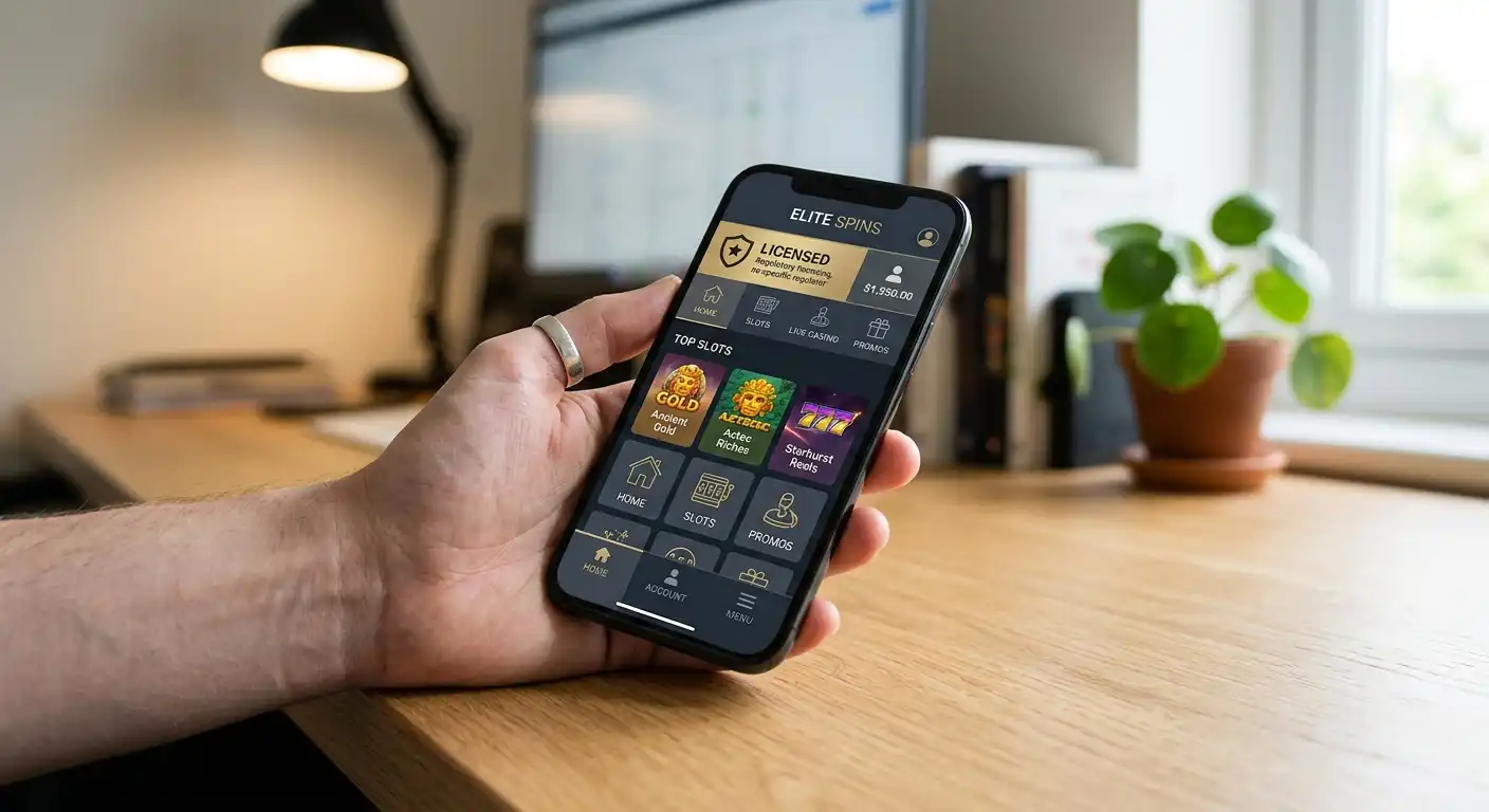 Smartphone mit einer neutralen Casino-App-Oberfläche und einem Lizenzsymbol