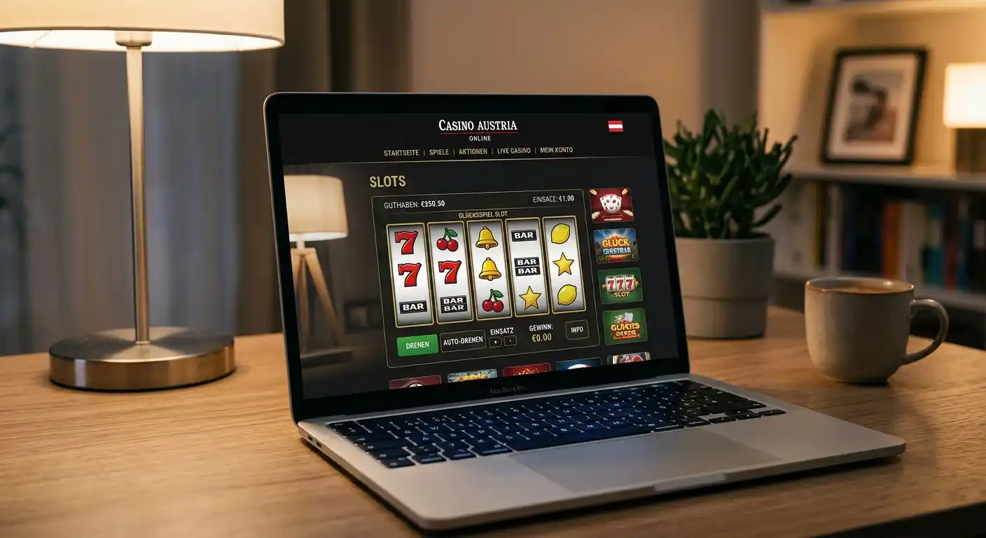 win2day Logo auf Laptop-Bildschirm mit Spielautomaten im Hintergrund
