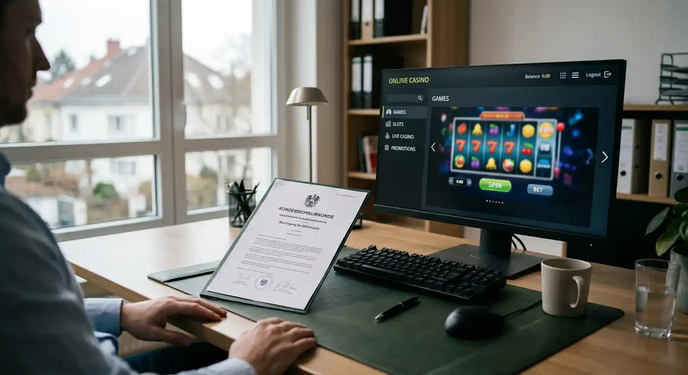 Österreichisches Konzessionsdokument neben neutralem Online-Spielbildschirm