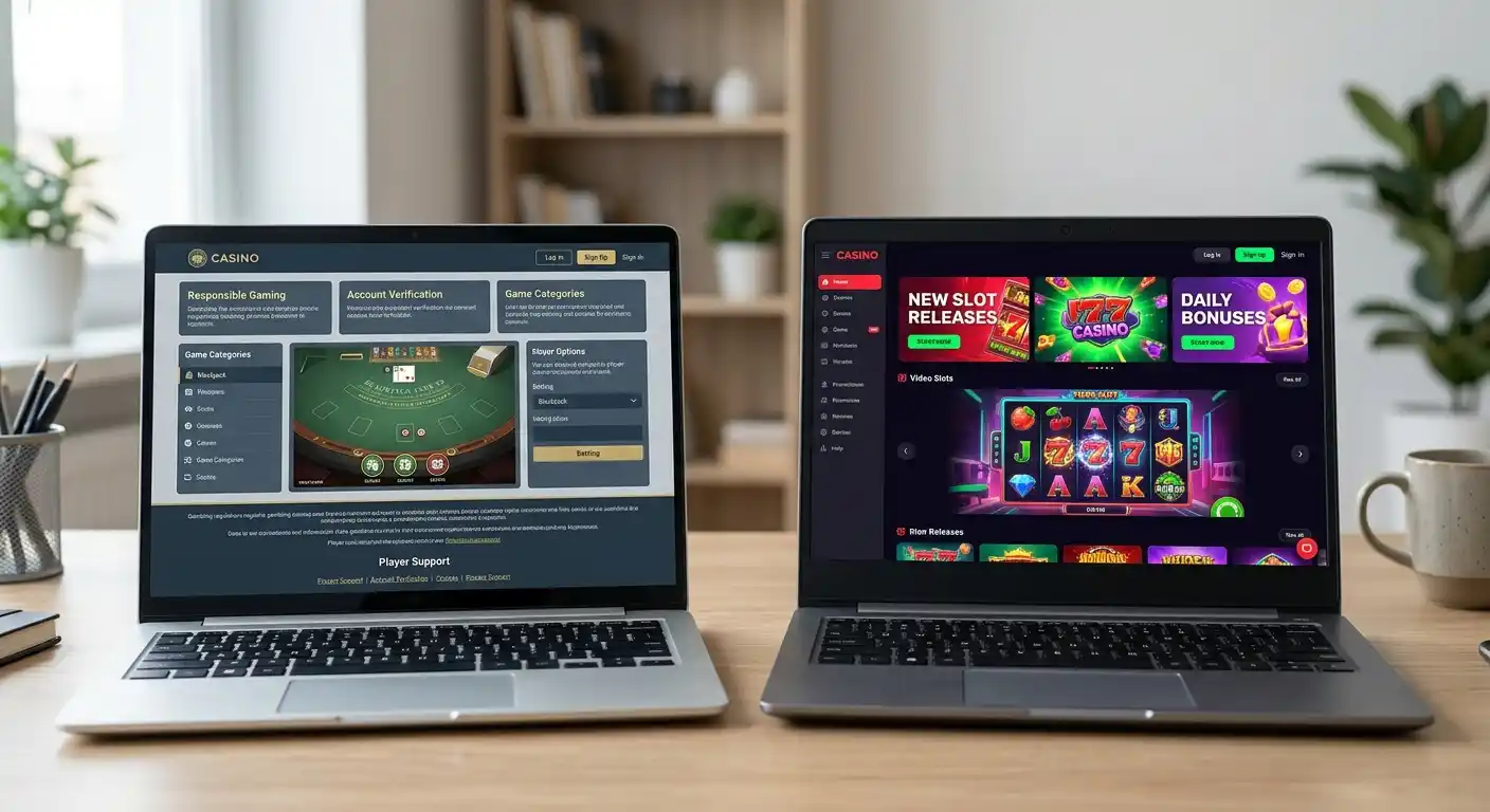 Geteilter Bildschirm mit legalem Casino-Interface links und Offshore-Casino rechts ohne Logos