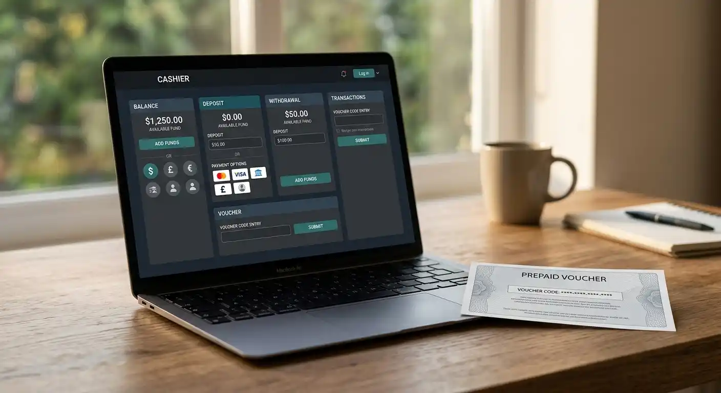 Laptop mit neutraler Casino-Kasse und daneben ein unbeschrifteter Prepaid-Beleg