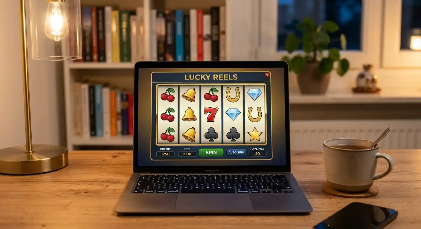 Laptop mit Online-Casino-Oberfläche und generischen Spielautomaten-Symbolen