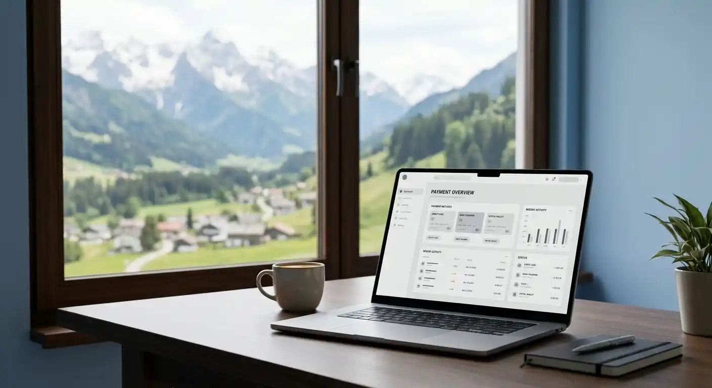 Ordentlicher Schreibtisch mit Laptop, neutraler Zahlungsübersicht und österreichischer Landschaft im Hintergrund