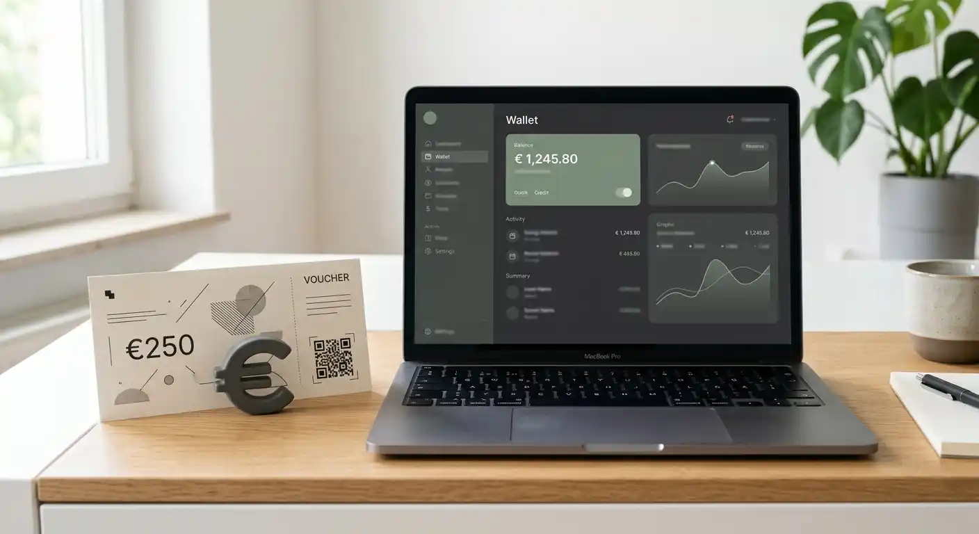 Abstrakte Zahlungsübersicht mit Eurozeichen, Gutschein und neutralem Wallet-Symbol