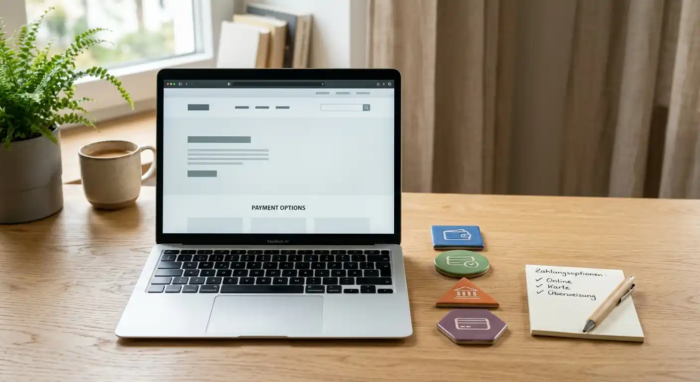 Neutrale Übersicht verschiedener Zahlungswege auf einem Laptop ohne Markenlogos