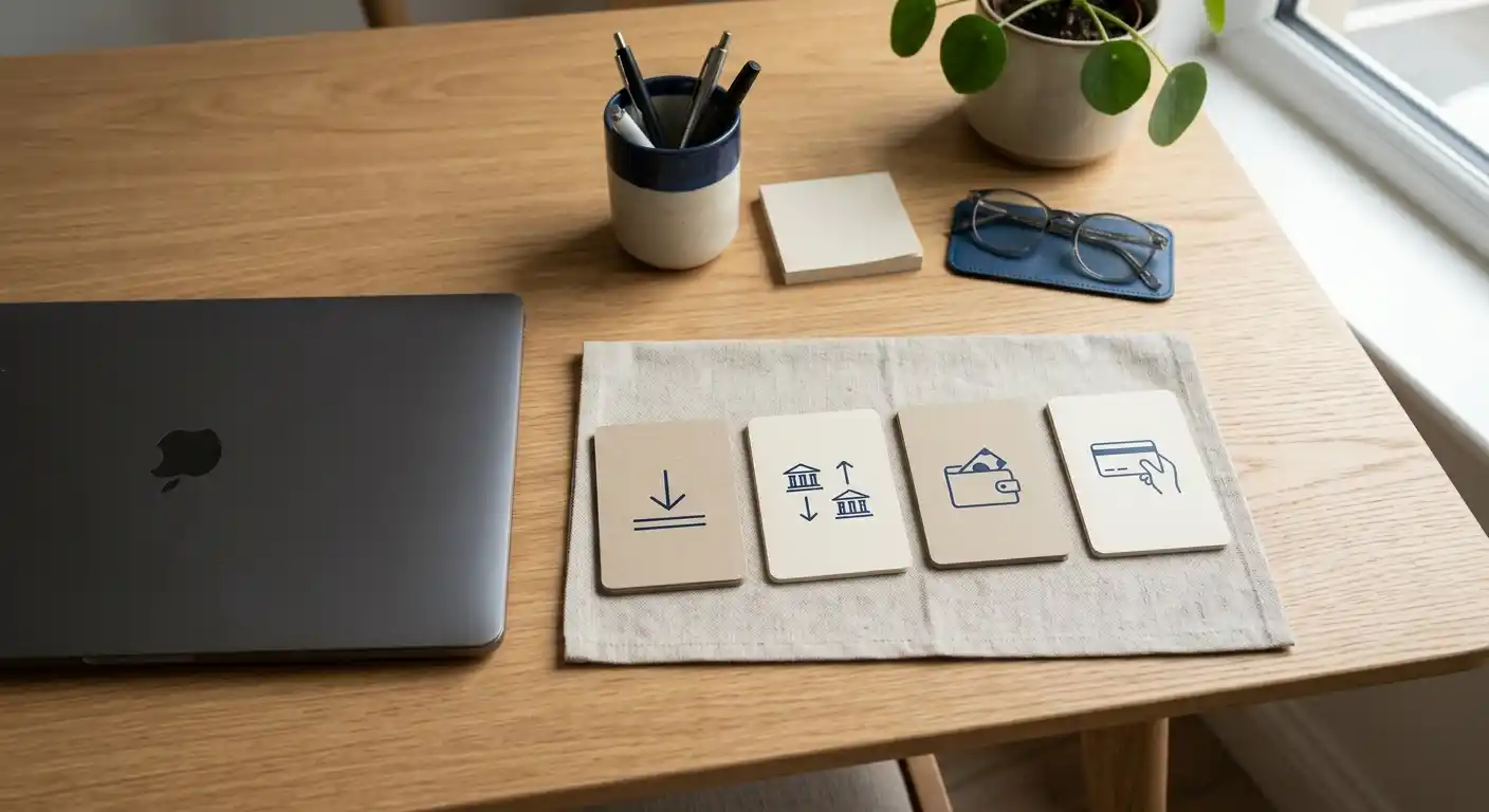 Aufgeräumter Schreibtisch mit neutralen Symbolkarten für verschiedene Zahlungswege