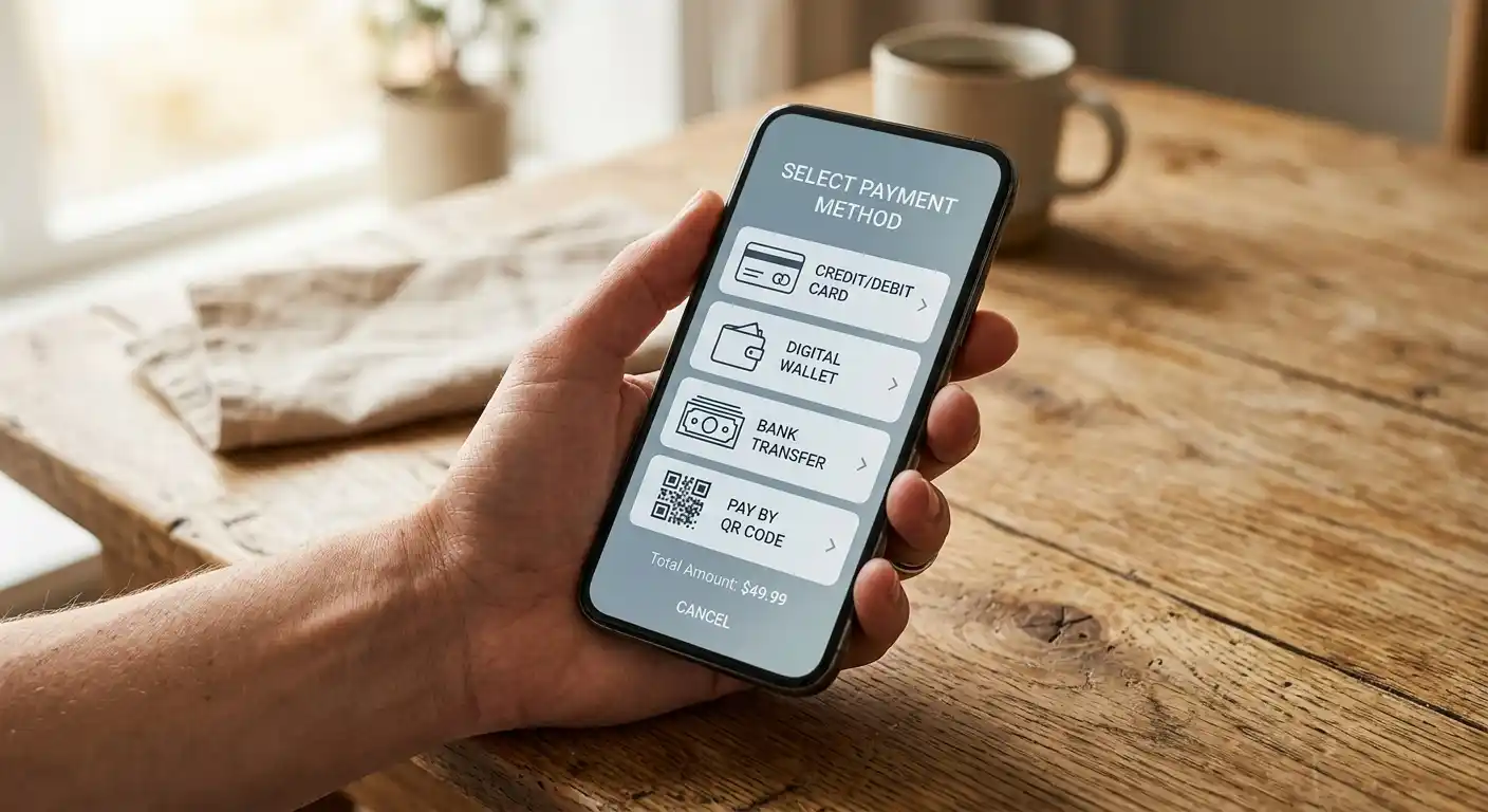 Smartphone zeigt eine Zahlungs-App mit Zahlungsmethoden-Symbolen ohne erkennbares Markenlogo