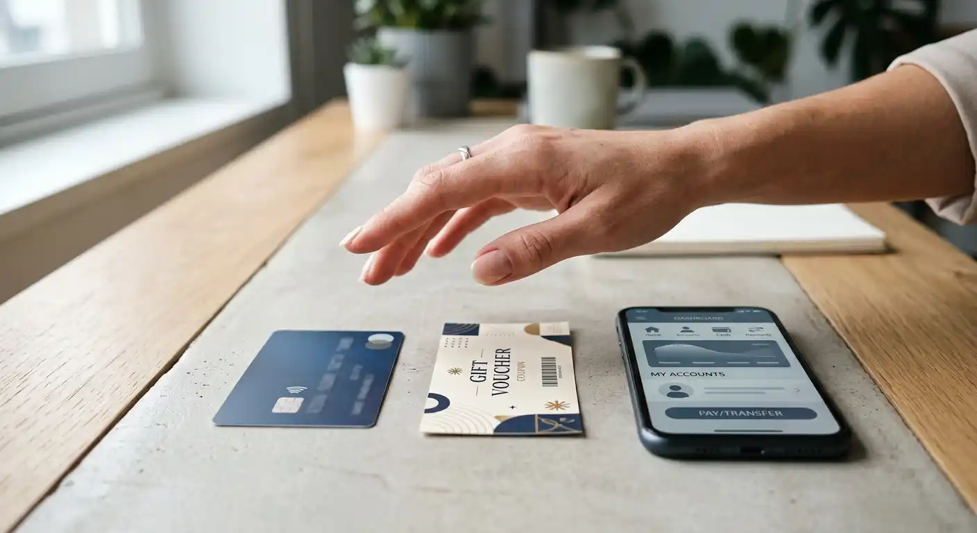 Nahaufnahme einer Hand, die zwischen Kreditkarte, Prepaid-Coupon und Smartphone mit Banking-App wählt – Bild Zahlungsmethoden