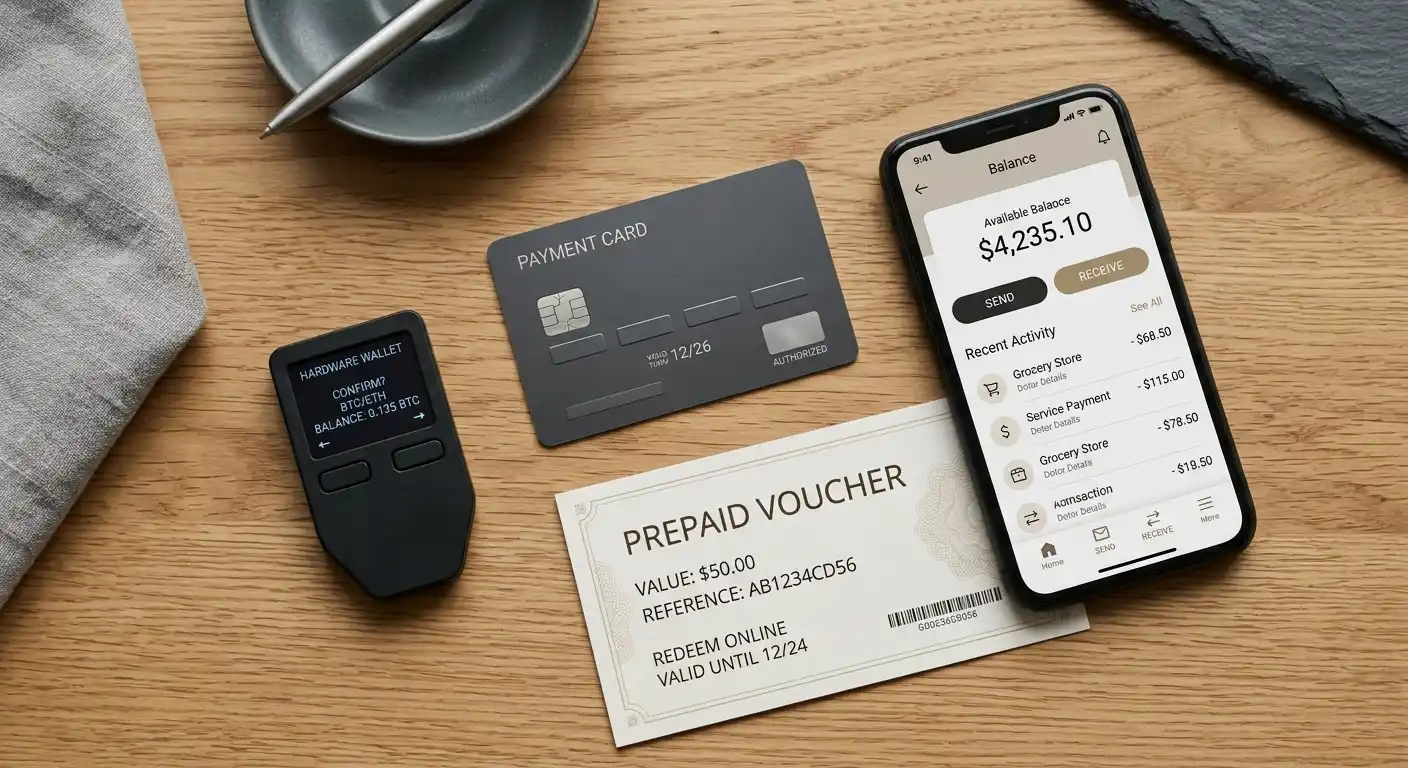 Tisch mit verschiedenen Zahlungsmethoden — Kreditkarte, Smartphone-Banking, Prepaid-Karte und Krypto-Wallet
