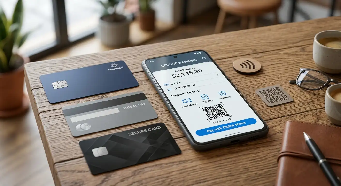 Nahaufnahme von Zahlungskarten und Smartphone mit Banking-App auf Holztisch