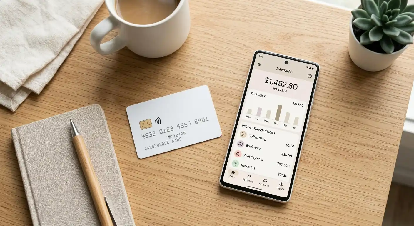 Smartphone mit neutraler Banking-App und eine Kreditkarte ohne sichtbare Logos auf einem Tisch