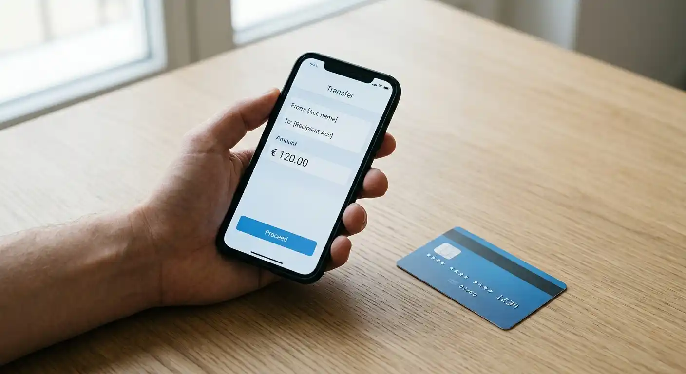 Smartphone mit Banking-App und generische Zahlungskarte auf heller Oberfläche