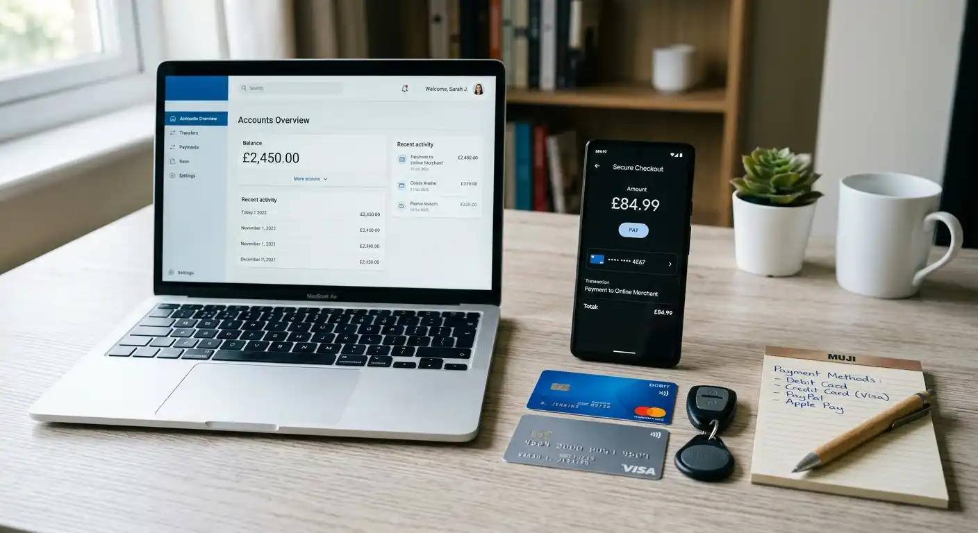 Smartphone mit generischer Payment-App neben Laptop mit Online-Banking-Interface
