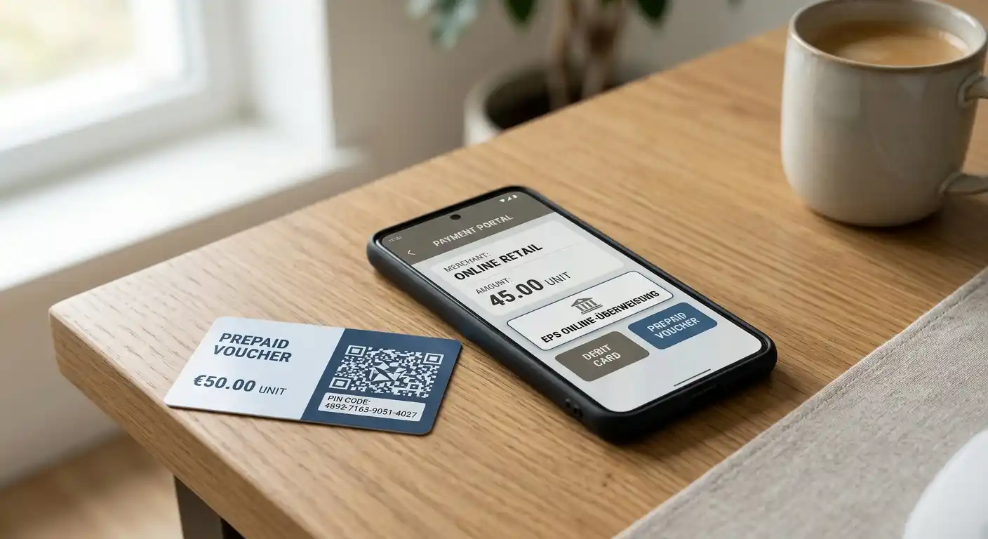 Smartphone mit Banking-App zeigt EPS-Überweisung, daneben Paysafecard-Gutschein auf Tisch