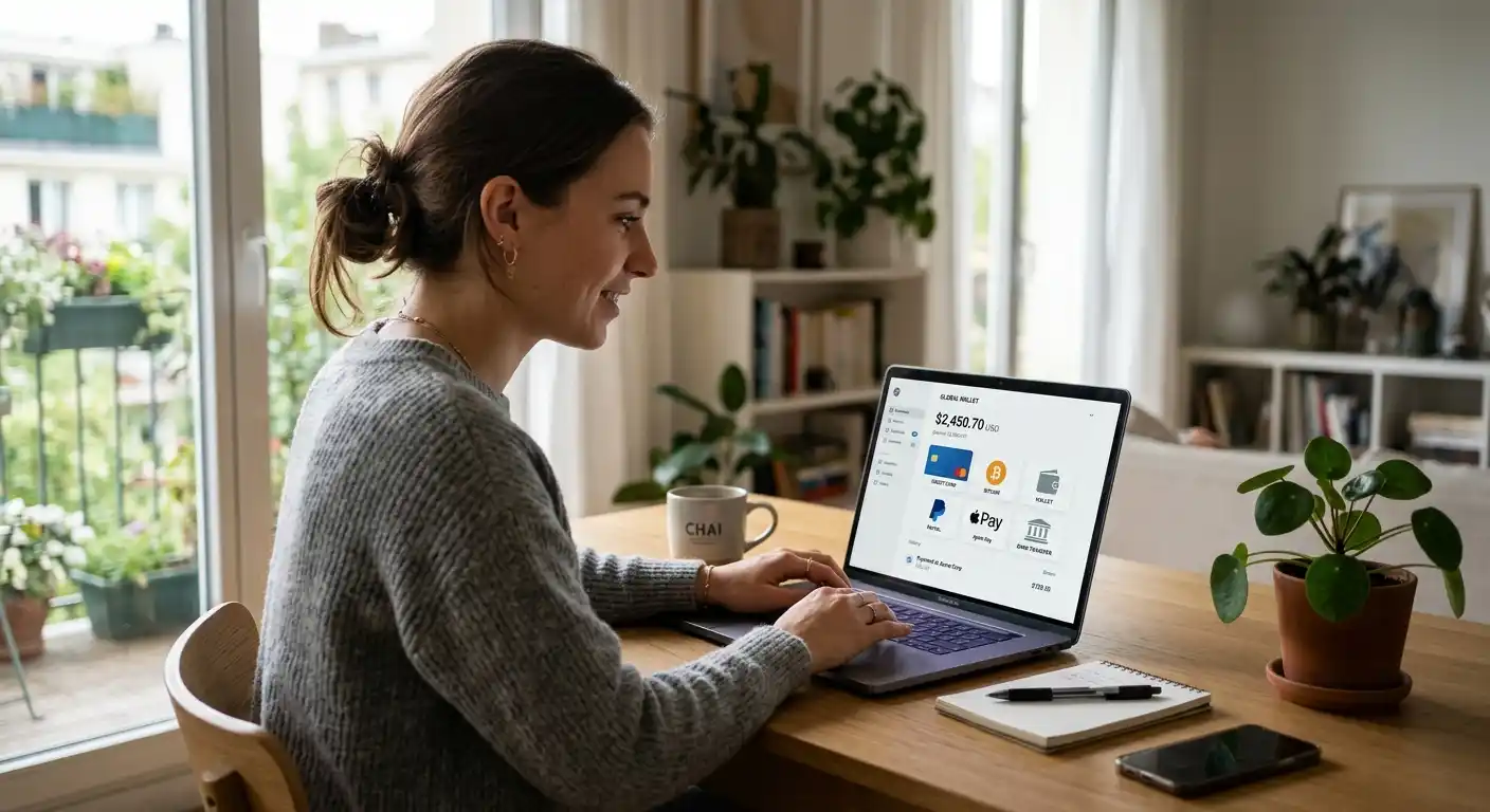 Person an modernem Laptop mit E-Wallet Interface, verschiedene Zahlungsmethoden-Icons sichtbar, keine echten Markenlogos