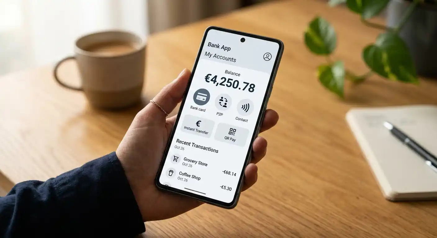 Smartphone mit Banking-App und verschiedenen Zahlungsmethoden-Symbolen ohne Logos