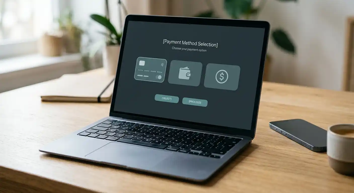 Neutrale digitale Zahlungsübersicht mit mehreren unbeschrifteten Einzahlungssymbolen auf einem Laptop