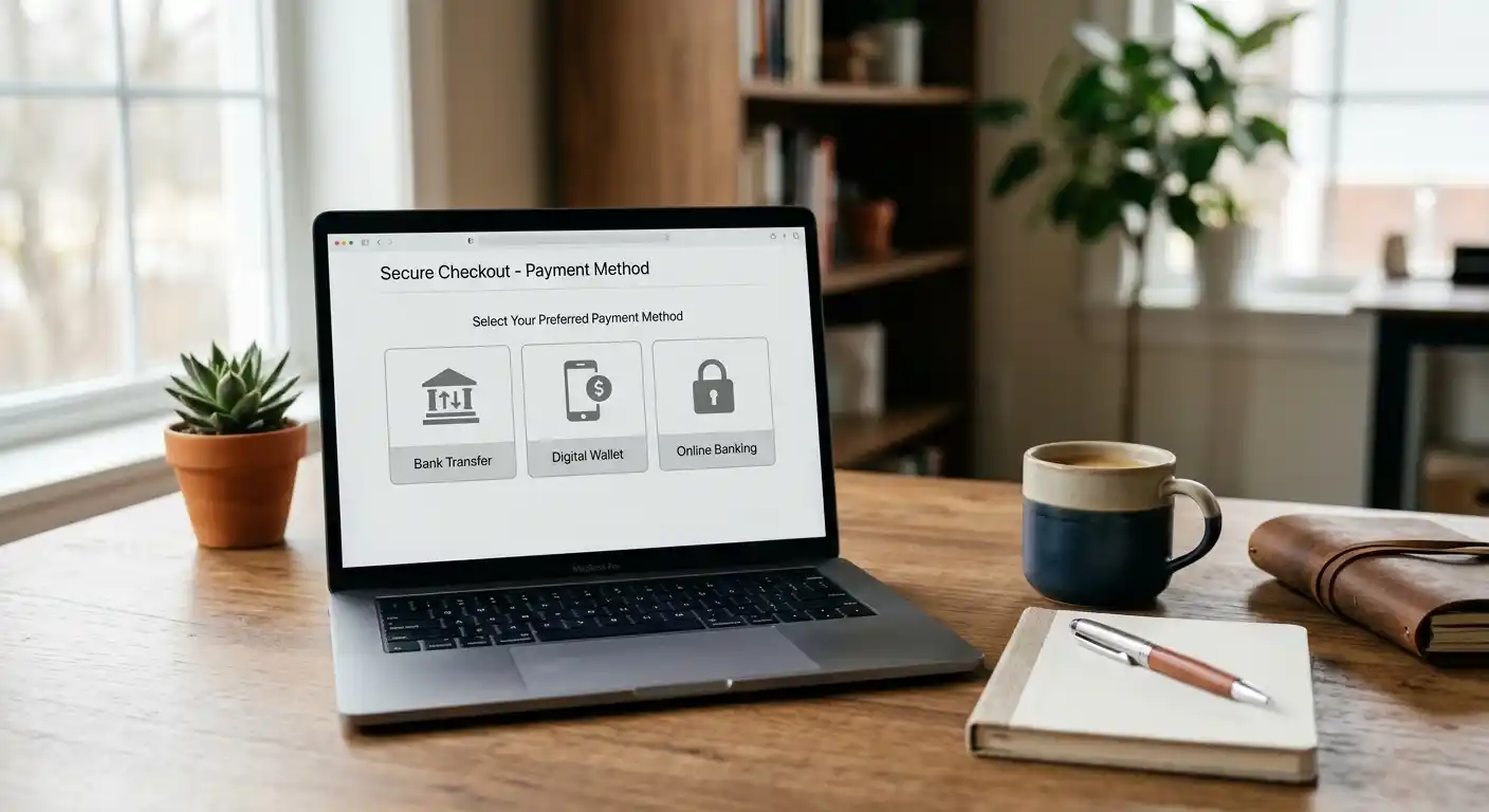 Schreibtisch mit neutralen Symbolen für Banküberweisung, Wallet und Online-Banking