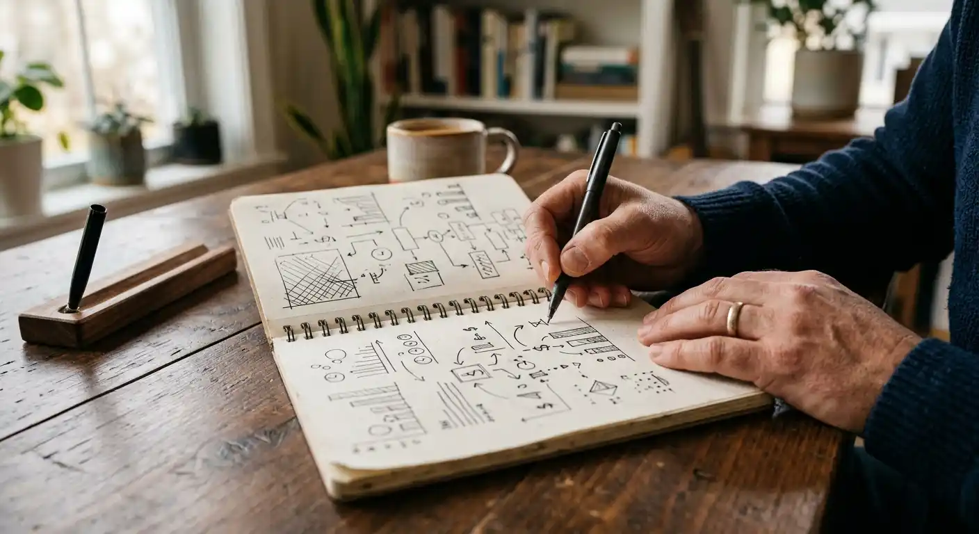 Person mit Notizbuch und neutraler Übersicht zu Zeit- und Geldgrenzen